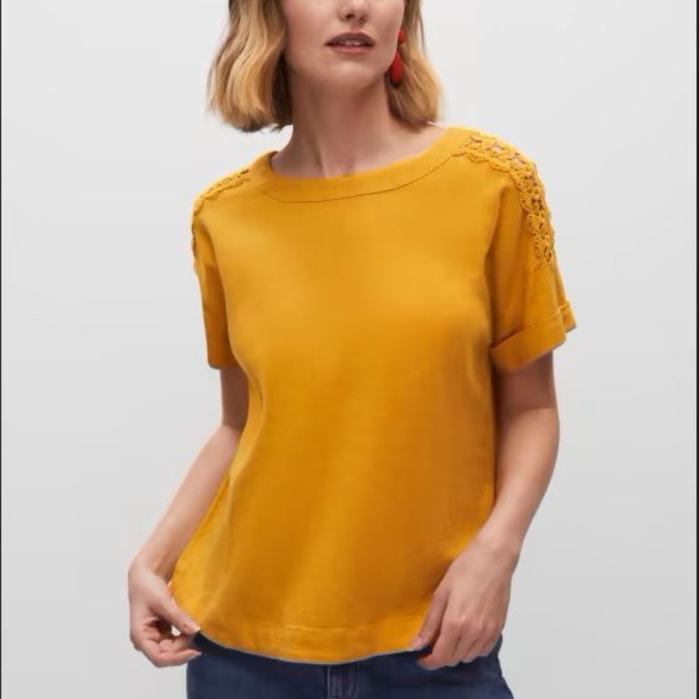 Crochet-Trim Short Sleeve Blouse in Mustard